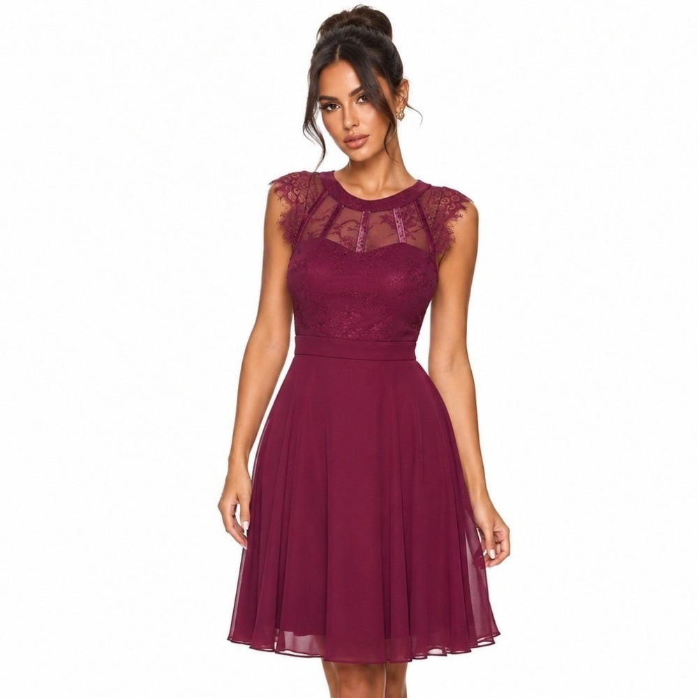 Liza Luxe Berry Lace Chiffon Cap Sleeve Cocktail Dress Size S Burgundy NWT